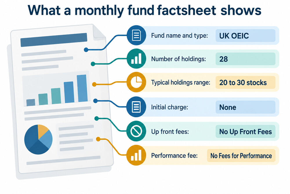 A one-page fund factsheet showing the fund name, size, number of holdings and charges