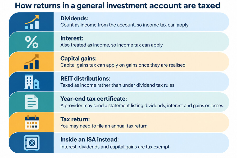 A diagram showing dividends, interest and gains arriving in a general investment account and each being taxed differently