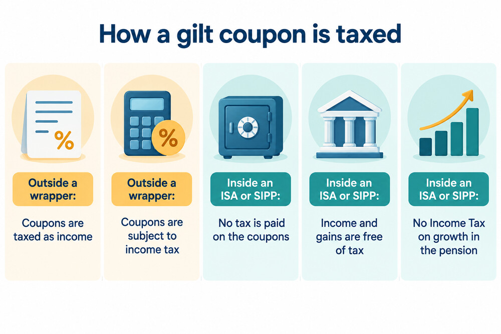 A simple table showing how a gilt coupon is taxed outside a wrapper and inside an ISA or SIPP