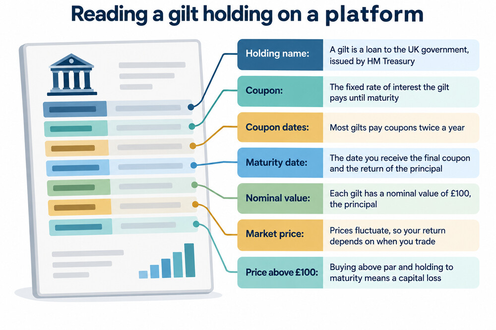 A screenshot-style image of an investment platform account showing a gilt holding with its coupon and maturity date