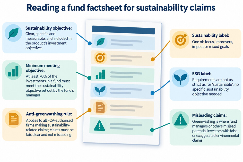 A fund factsheet with the sustainability label and the percentage of the fund meeting the objective highlighted