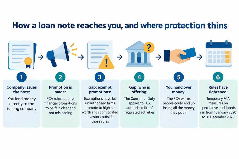 A warning card showing the protections that do not apply to an unregulated mini-bond, with FSCS and Ombudsman logos greyed out
