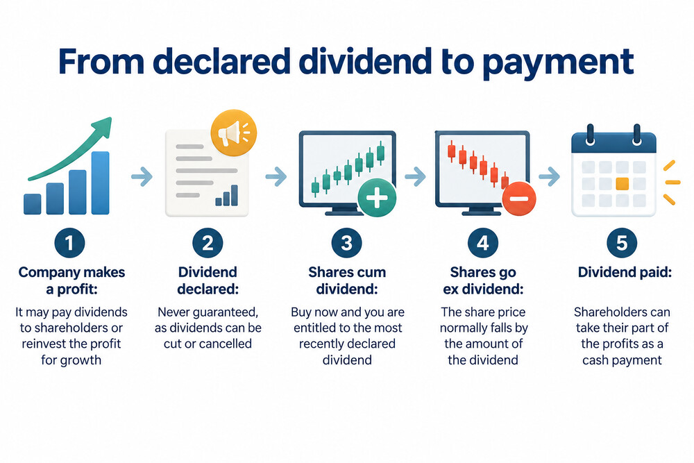 A calendar marking the announcement, ex-dividend, record and payment dates for a dividend