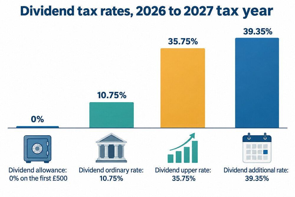 A bar chart comparing dividend tax rates in each band for 2025 to 2026 and 2026 to 2027