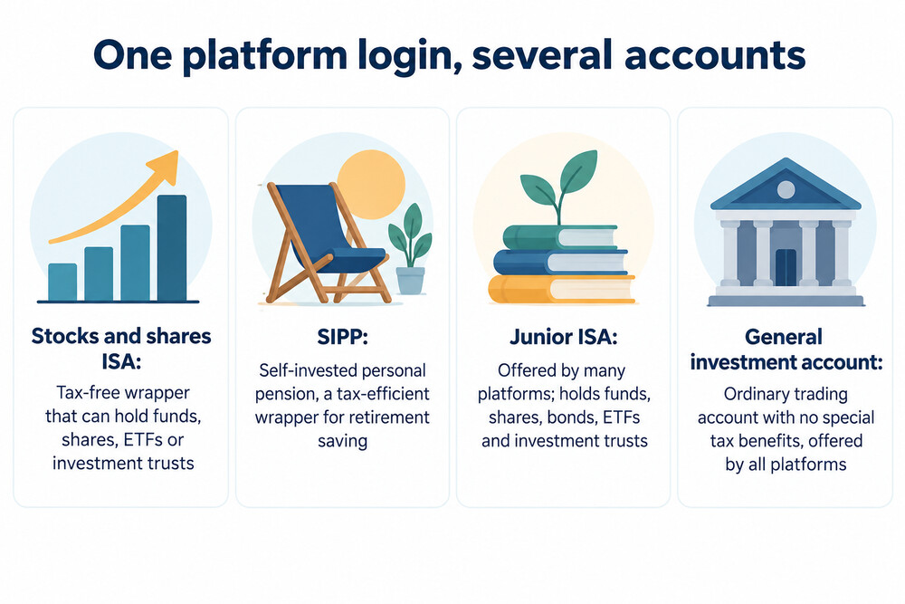 A platform dashboard showing account wrappers such as ISA, SIPP and general account side by side