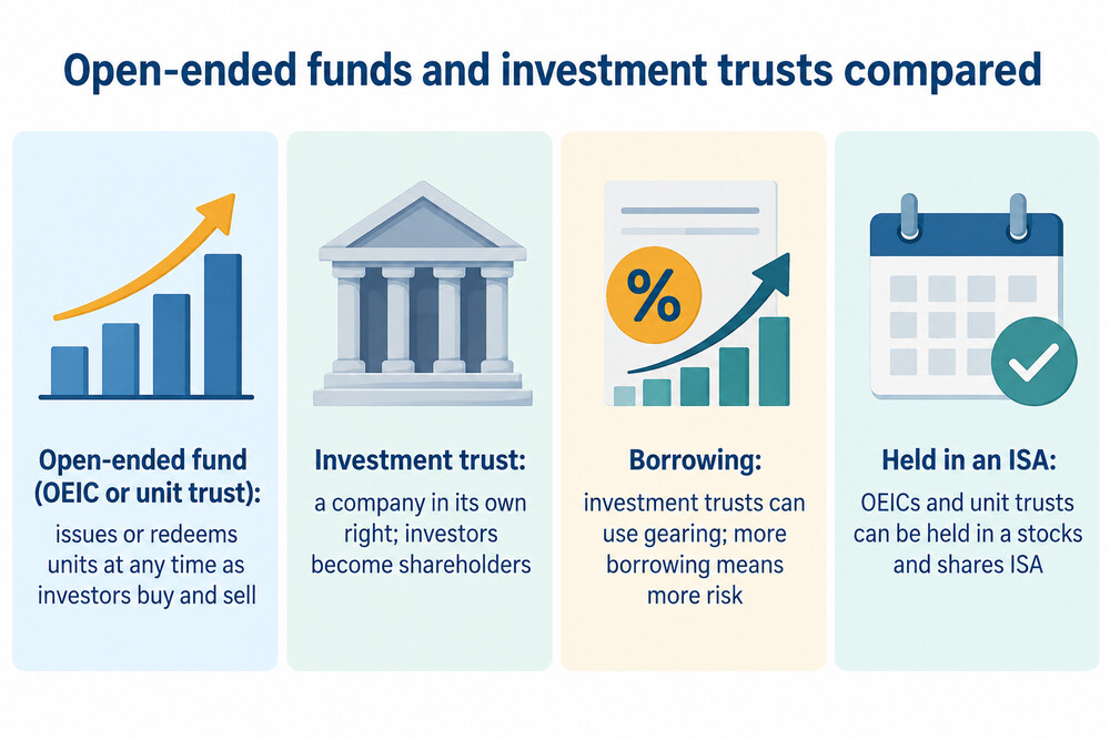 A side-by-side comparison of an open-ended fund and an investment trust