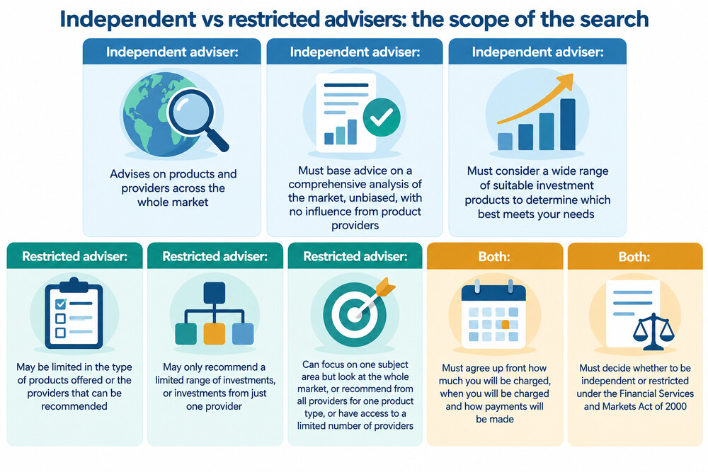 A simple side-by-side showing an independent adviser looking across the whole market and a restricted adviser looking at a smaller set of products
