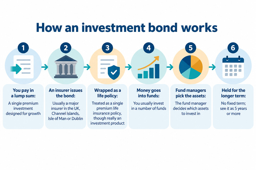 A diagram showing how a lump sum paid to an insurer is invested inside a life insurance wrapper and can be withdrawn or cashed in