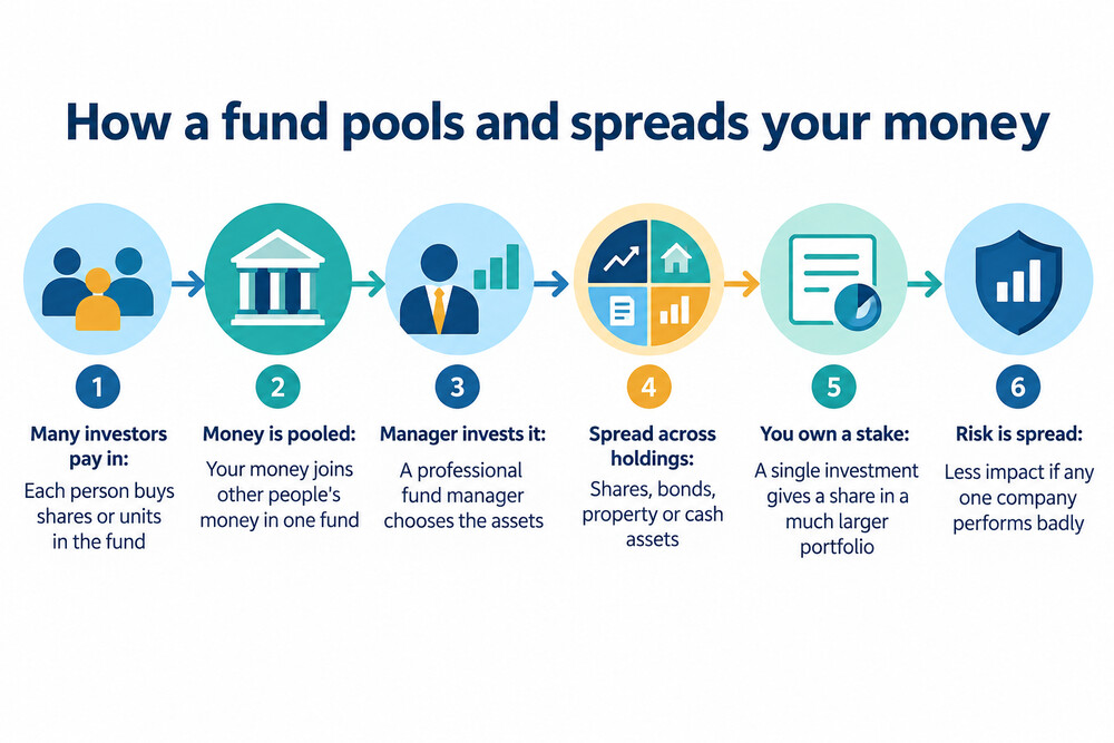 A diagram showing many individual investors each paying money into one shared pot, which a fund manager then spreads across a wide range of holdings
