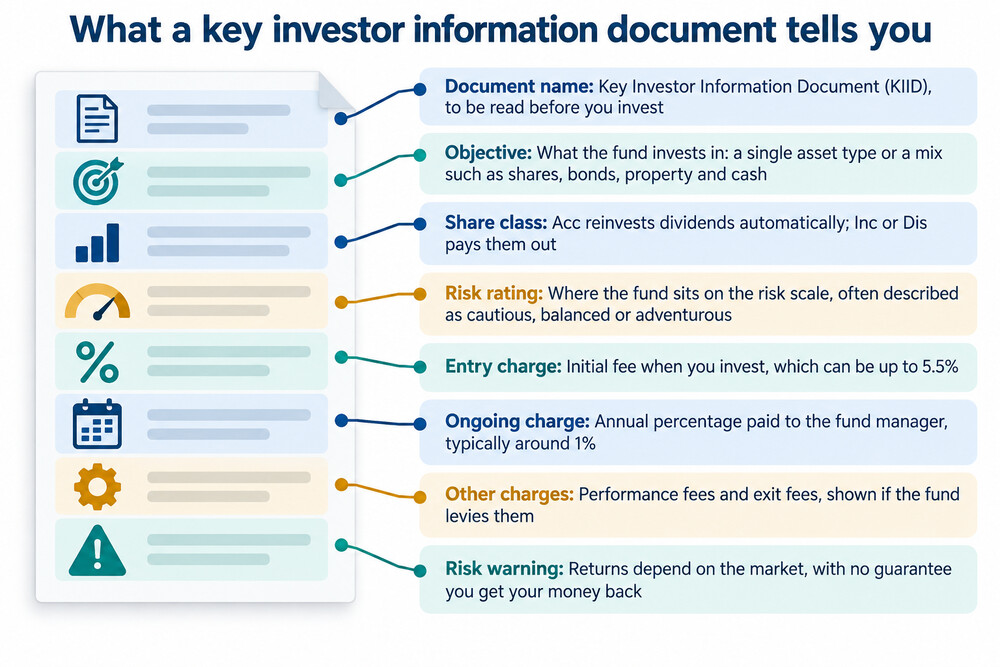 An example of a Key Investor Information Document, showing its sections for objectives, charges and risk rating