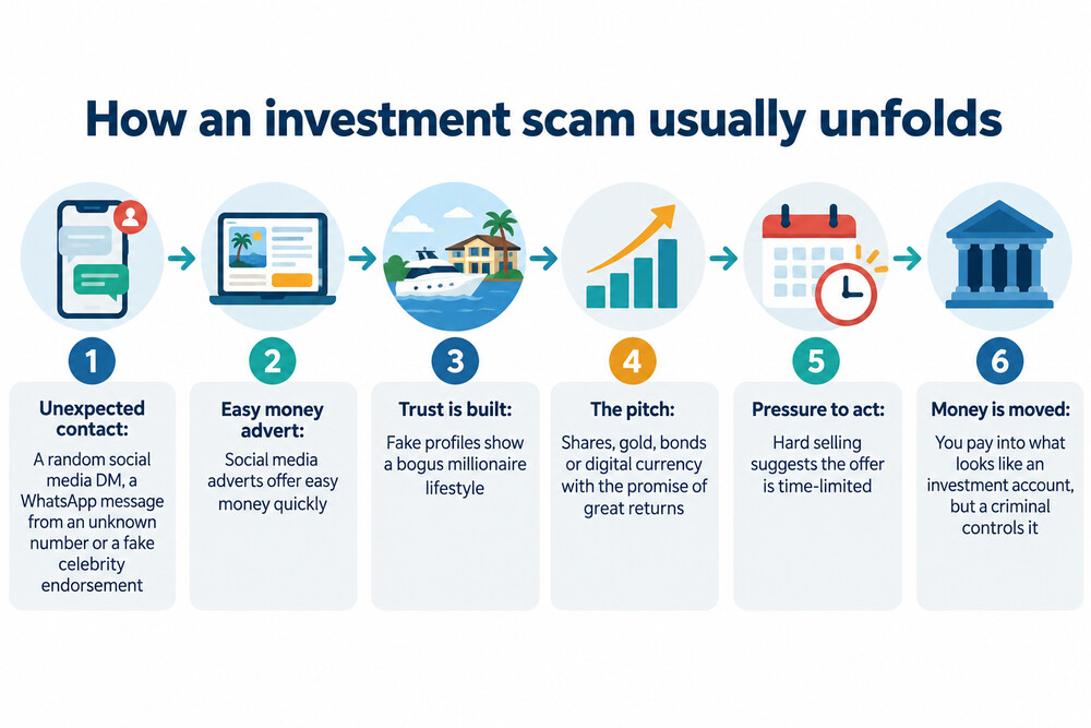 A phone screen showing a social media advert promising guaranteed investment returns