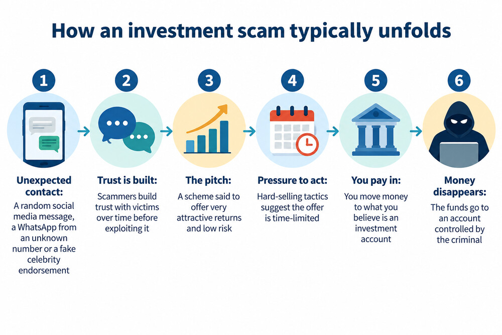 The stages of an investment scam, from first contact to the money disappearing