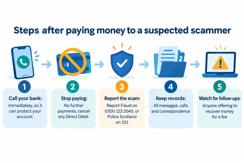 How to respond after paying money to an investment scammer, in order