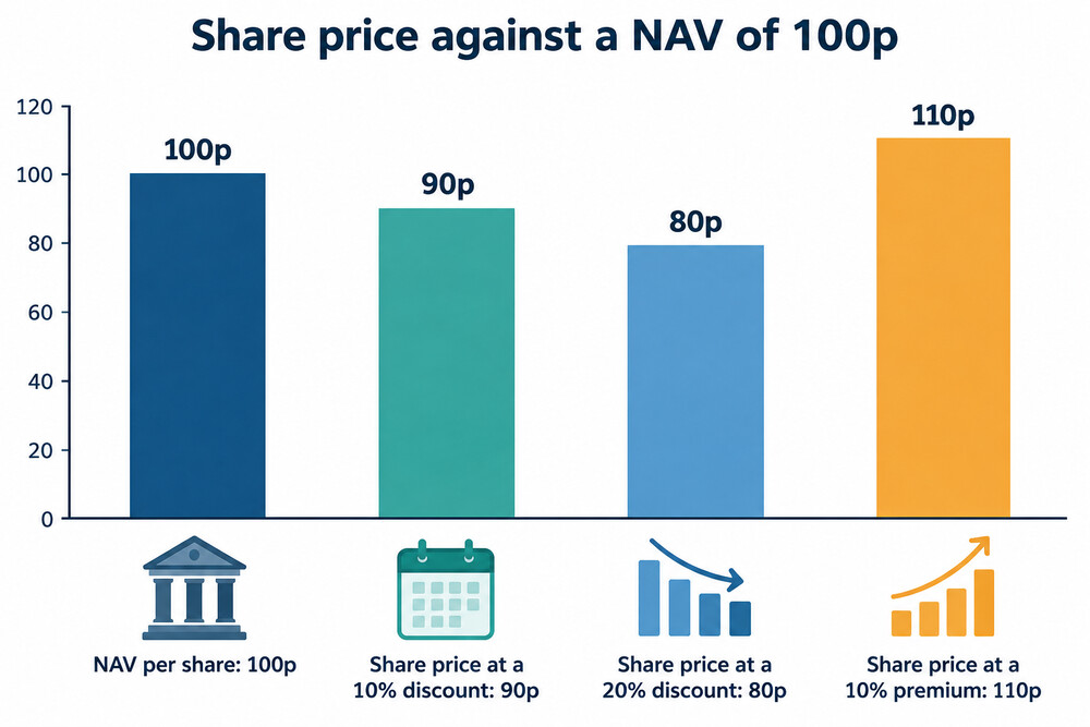 How a share price below or above the net asset value creates a discount or premium