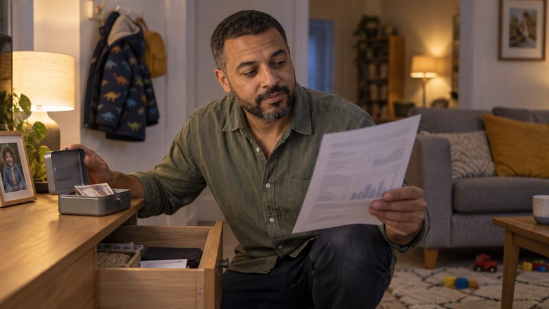 Man kneels by a drawer with a cash tin and a printed investment statement.
