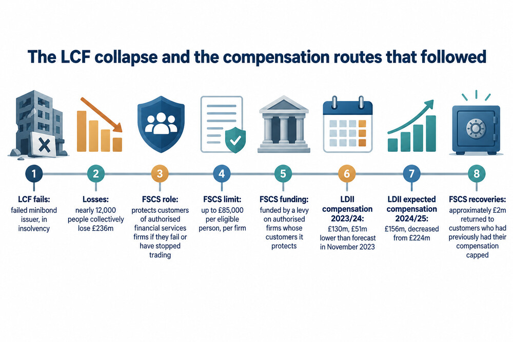 A timeline showing the LCF collapse, the government compensation scheme and FSCS payments