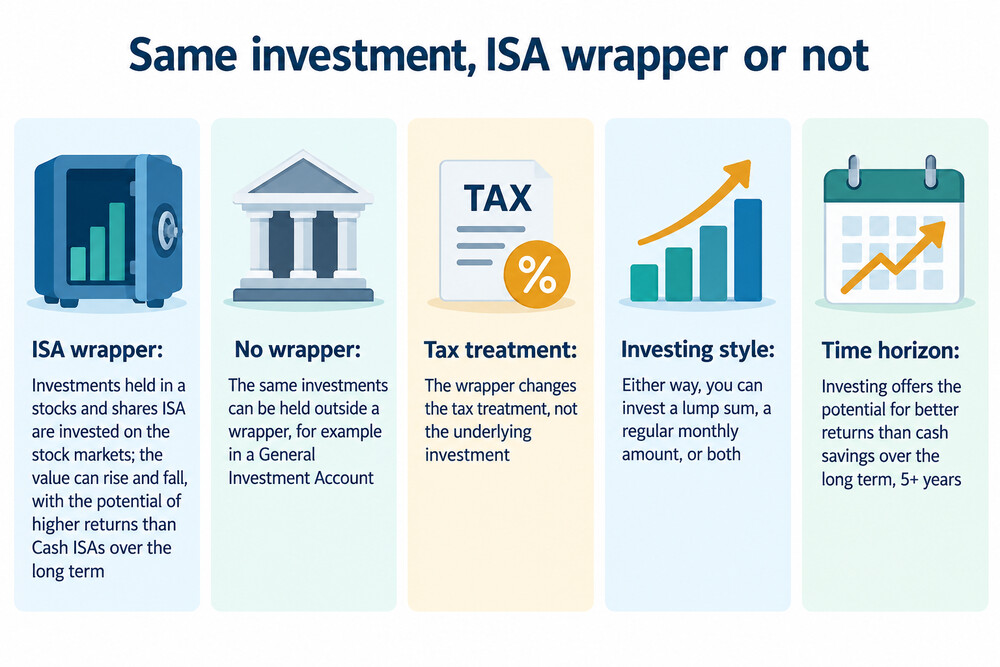 A diagram showing the same investment held inside an ISA wrapper and outside it