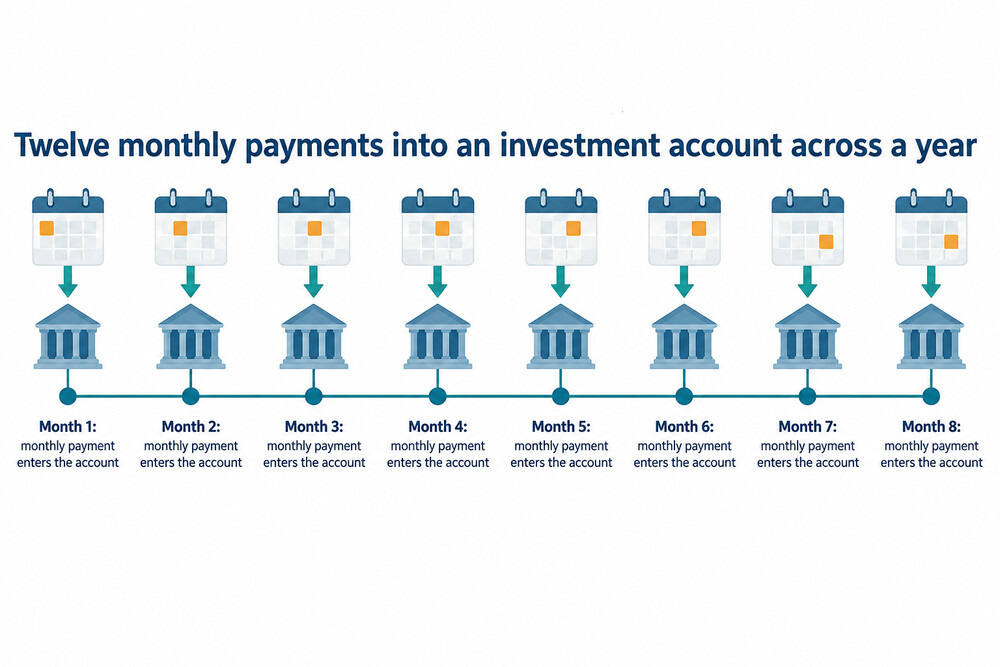 A timeline showing twelve equal monthly payments entering an investment account across a year