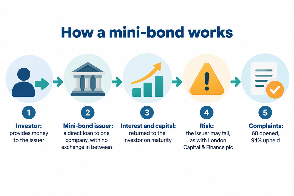 A simple diagram showing money moving from an investor to a mini-bond issuer and interest and capital returning on maturity