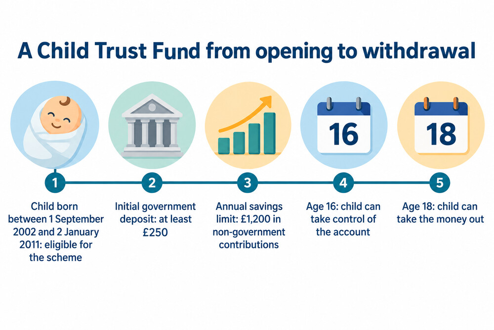 A timeline showing a Child Trust Fund from opening to the child taking control at 16 and withdrawing at 18