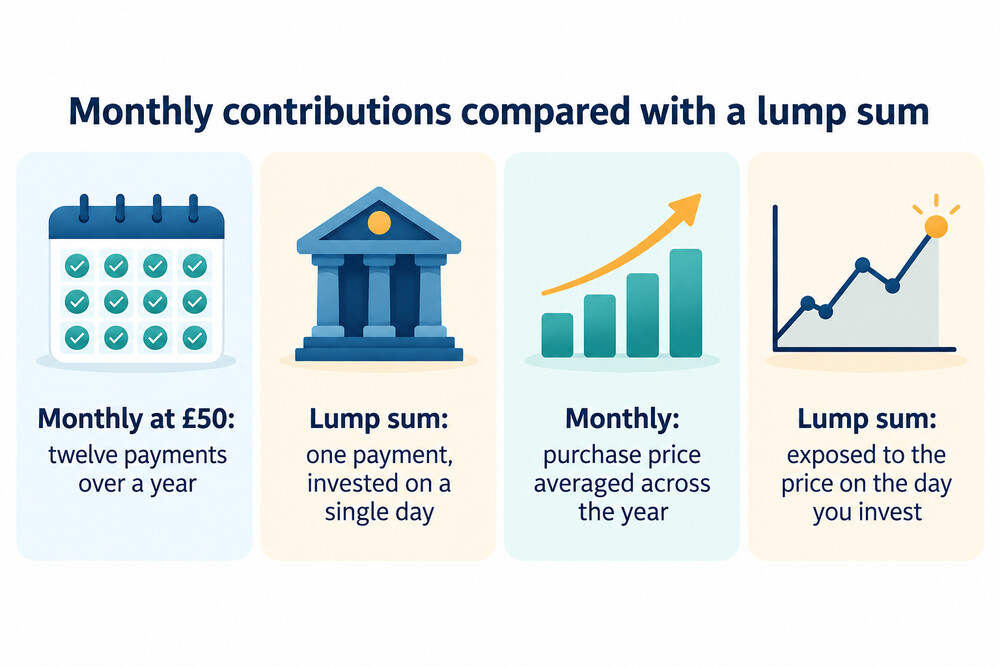 A timeline showing a monthly contribution building up over a year compared with a single lump sum