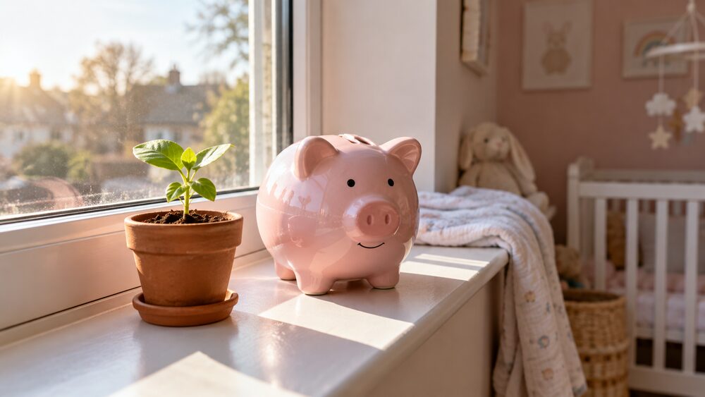 A pink piggy bank sits on a windowsill beside a small potted seedling.
