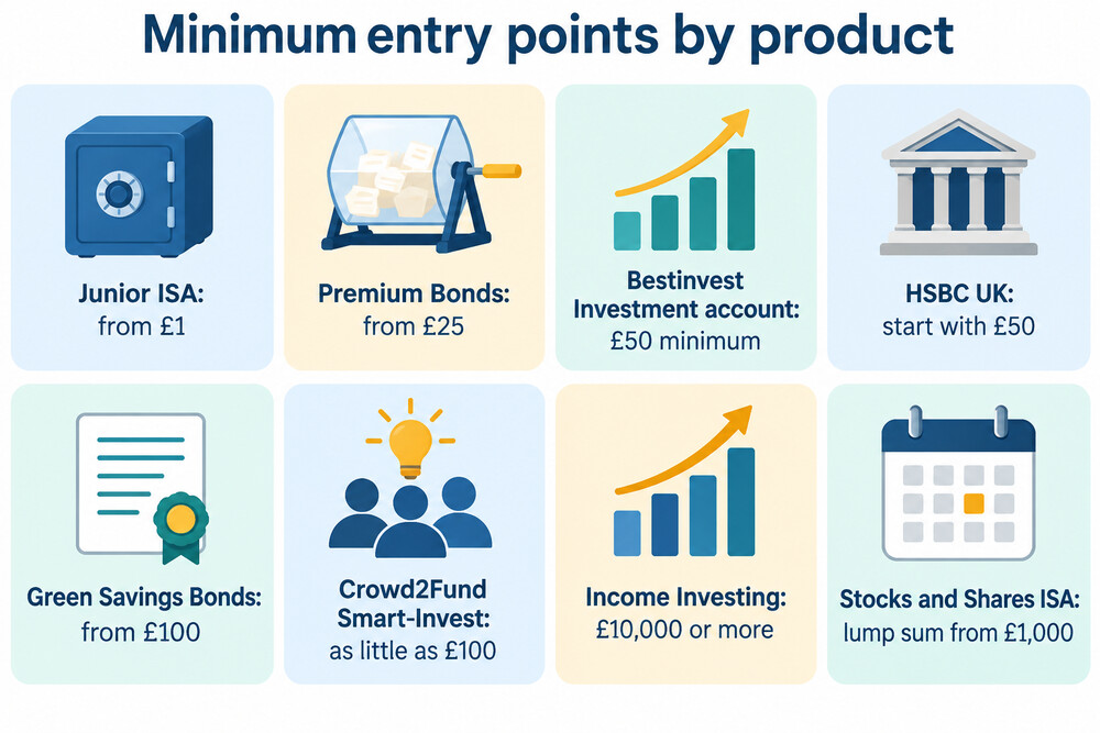A table showing the minimum entry point for funds, shares, ISAs and pensions side by side