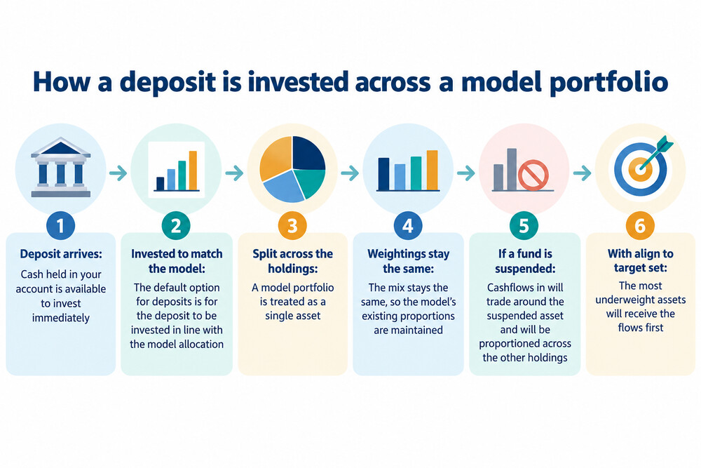 A diagram showing a deposit arriving in a model portfolio and being split across the model's holdings in the same proportions