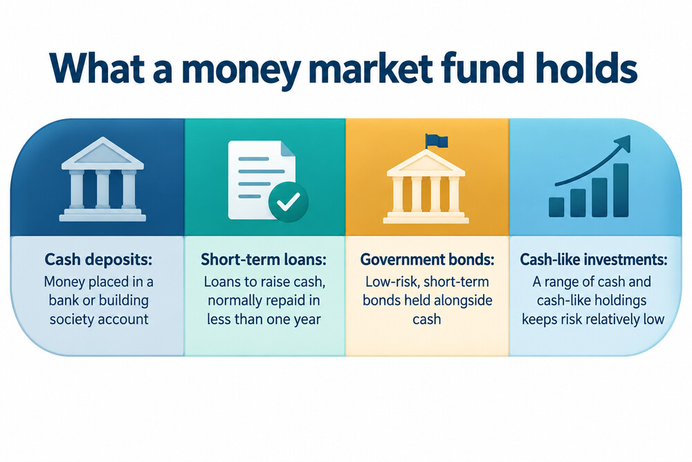 A money market fund holding a spread of cash and short-term debt, with investors owning units in the fund