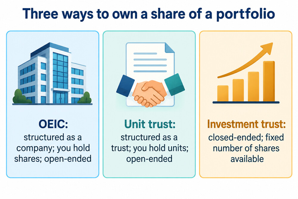 Side by side comparison of how OEICs, unit trusts and investment trusts are built and traded