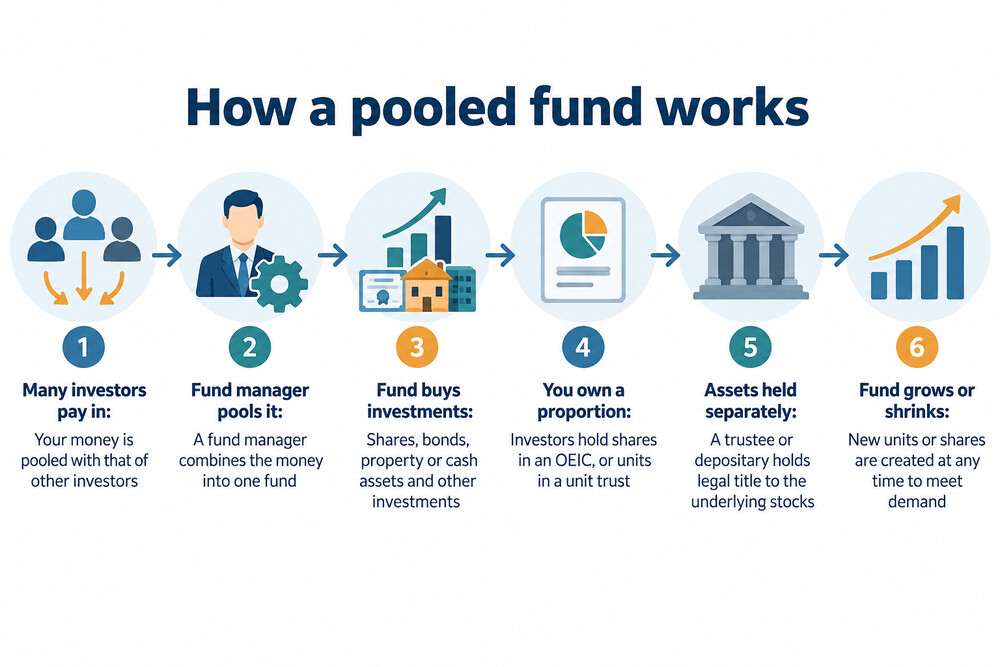 A diagram showing many individual investors' money flowing into one pooled fund, which then buys a portfolio of shares and bonds