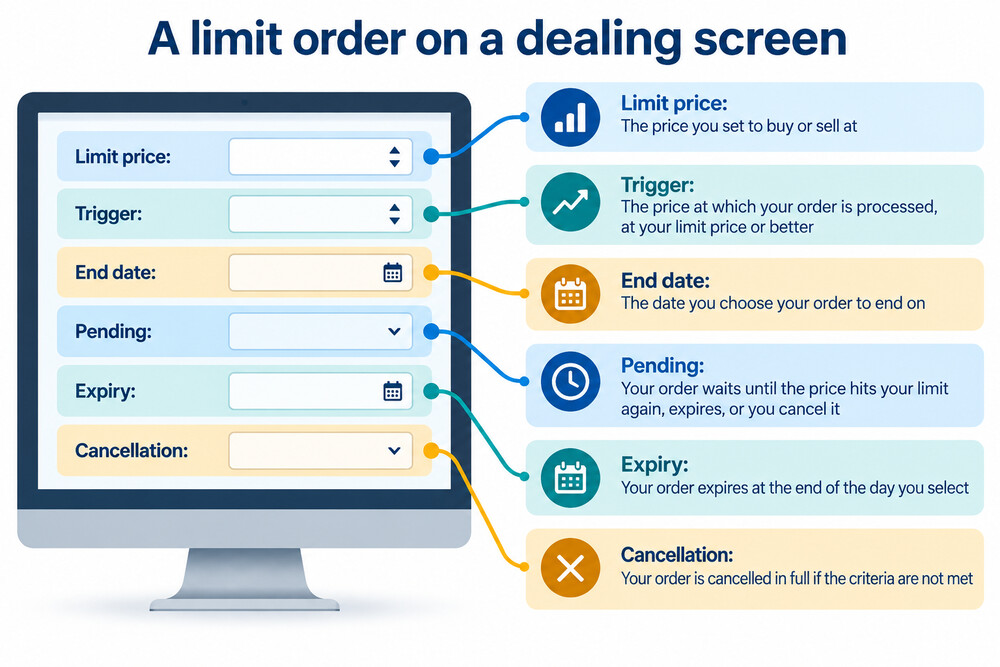 A dealing screen showing a limit price field, an end date field and a pending order