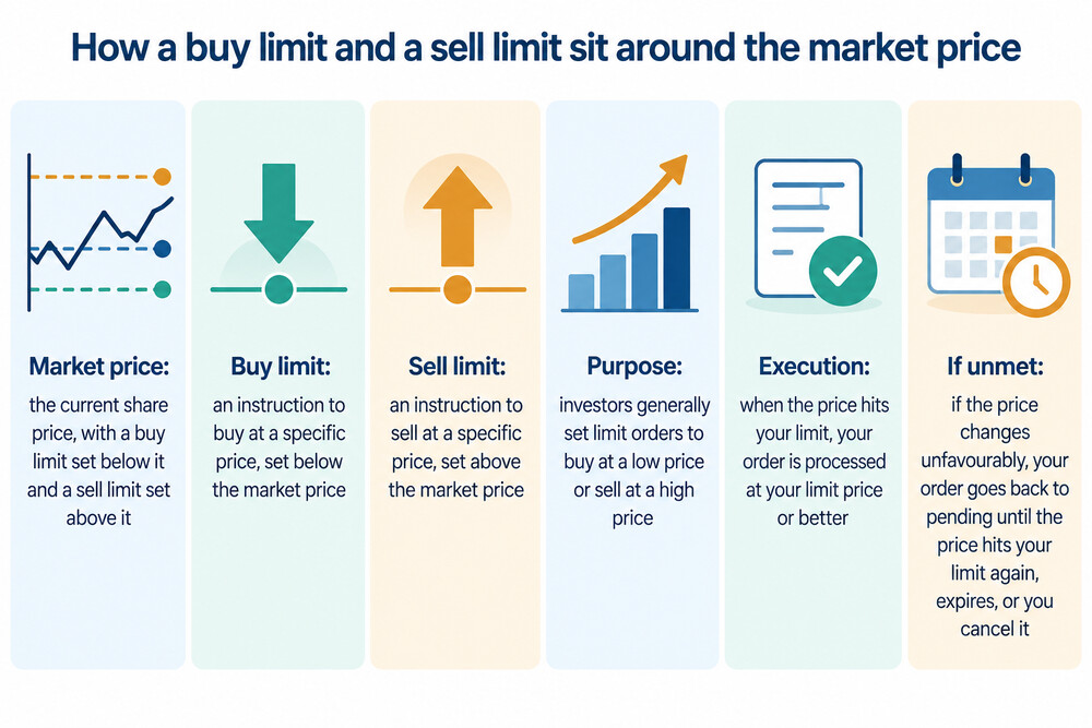 A simple diagram showing a buy limit order sitting below the current share price and a sell limit order sitting above it