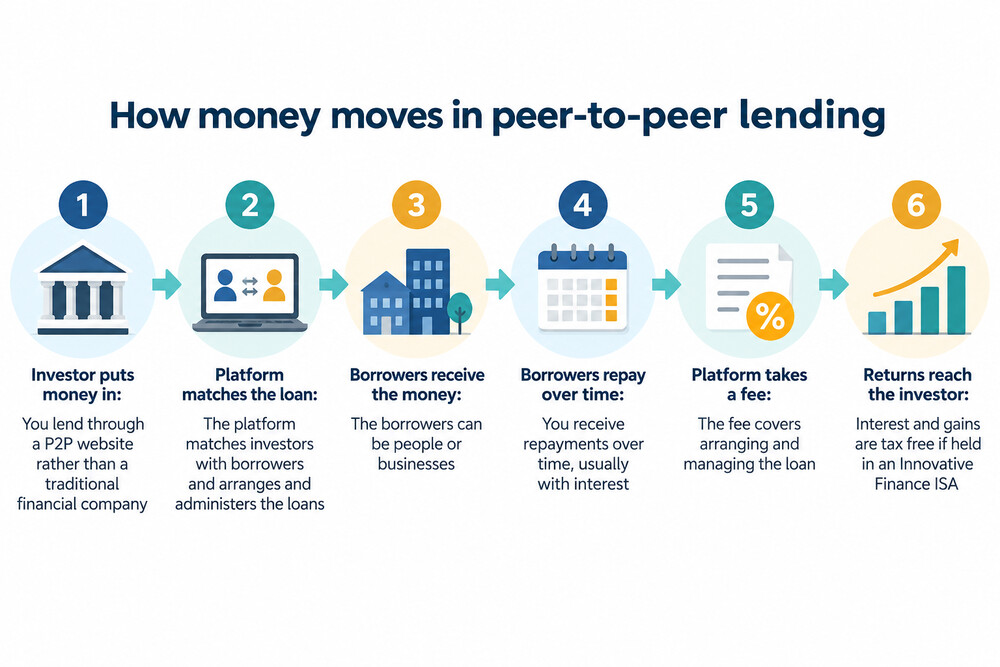 A diagram showing money flowing from an investor, through a lending platform, to a borrower and back again