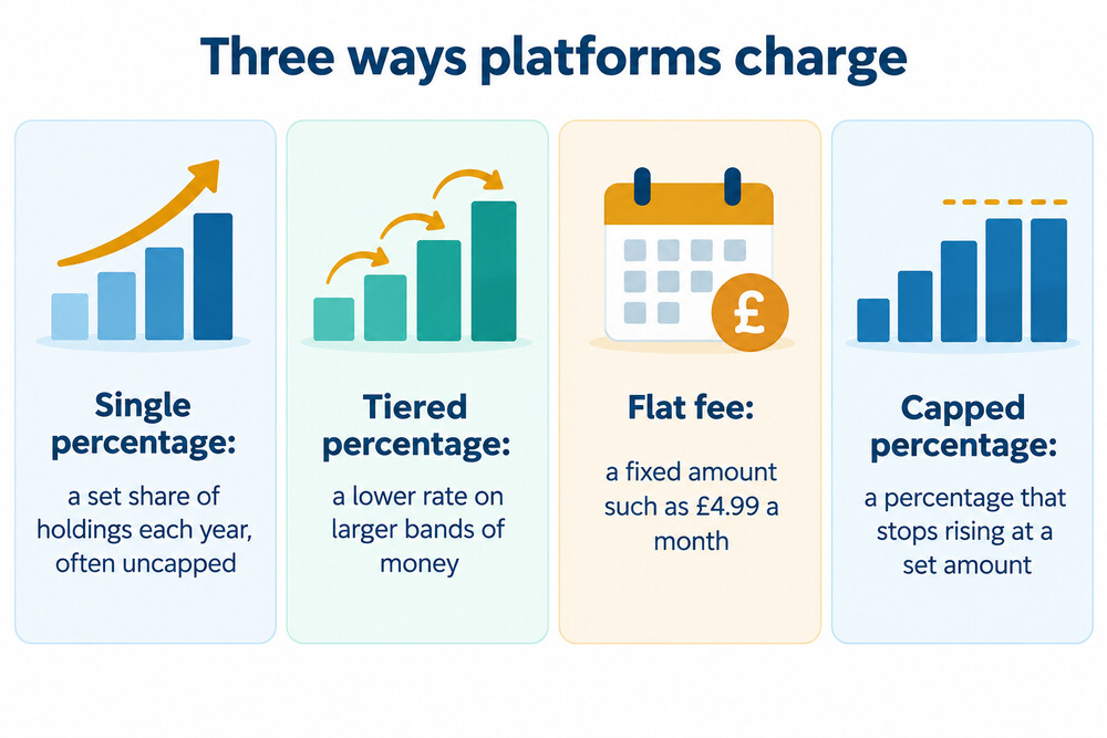 How a percentage fee, a tiered fee and a flat fee behave as a portfolio grows