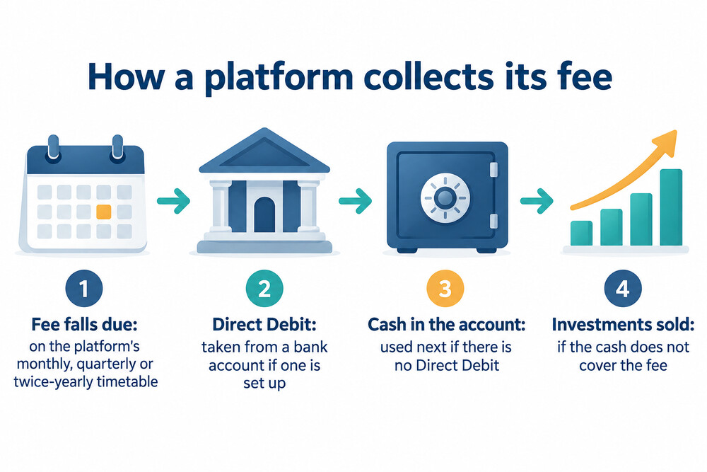 A flowchart showing a platform fee taken first from Direct Debit, then from cash, then by selling investments