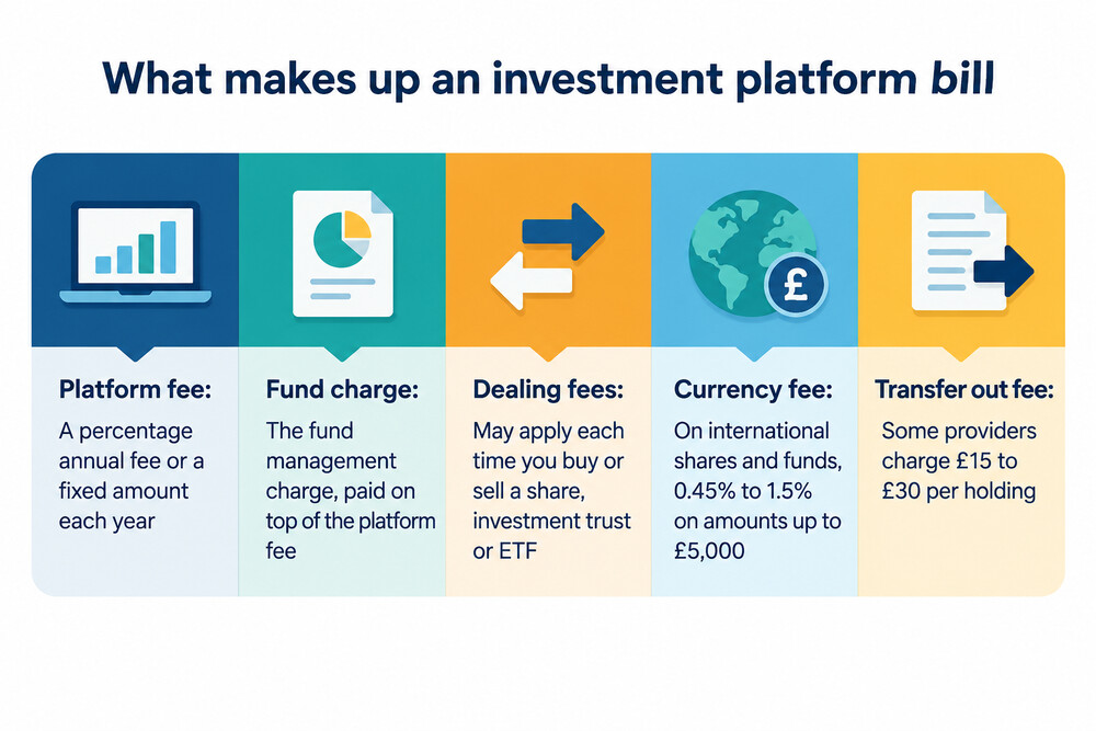 A diagram-style illustration splitting an investor's total costs into the platform fee, fund charges and dealing fees