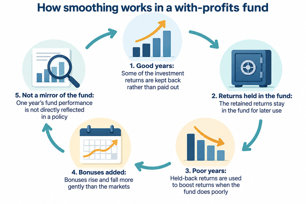 A chart showing a jagged market line against a smoother with-profits bonus line