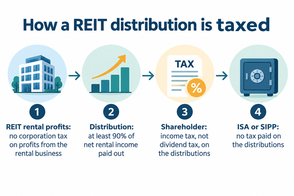 A simple diagram showing a REIT paying out rental profits to a shareholder, with the tax collected at the shareholder's income tax rate