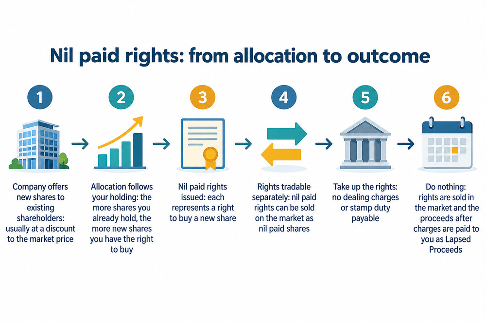 A nil paid rights line on a share dealing screen, showing the rights tradable separately from the shares