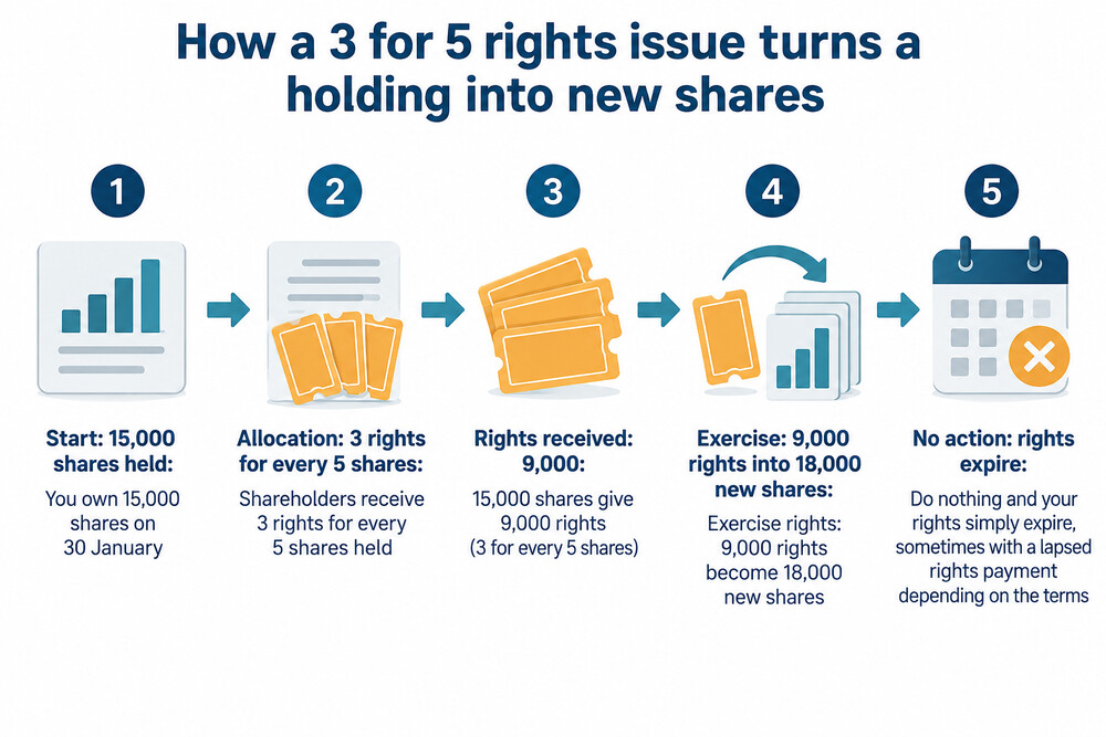A worked example showing 15,000 shares producing 9,000 rights, which exercise into 18,000 new shares