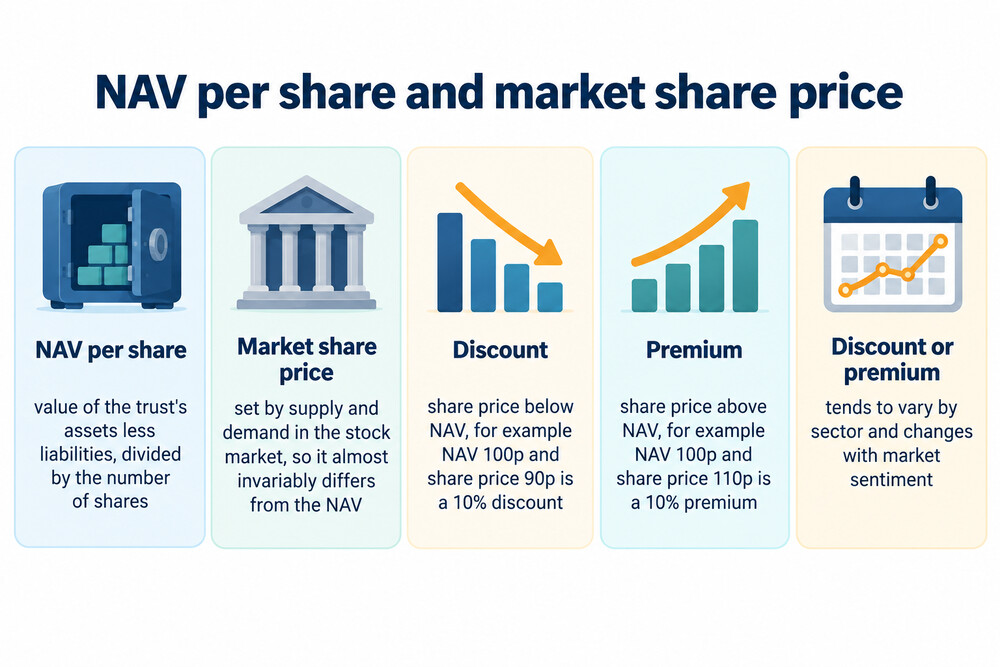 A simple diagram showing a trust's NAV per share and its market share price as two separate figures, with the gap between them labelled discount or premium