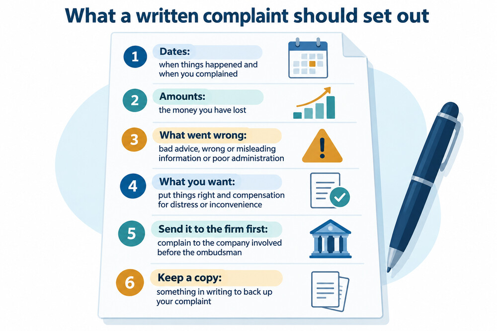 A screenshot-style mock-up of a written complaint letter setting out dates, amounts and what went wrong