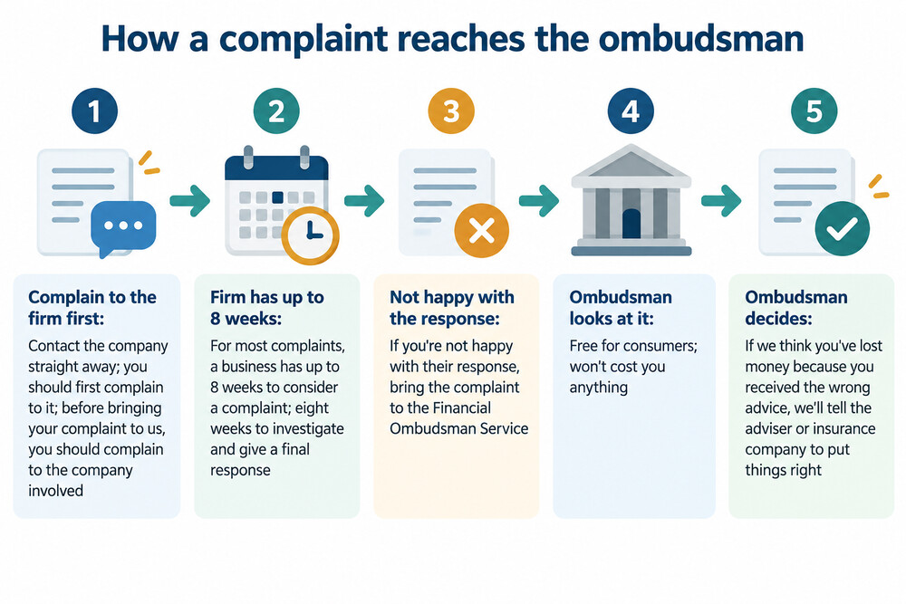 A simple flow showing a complaint moving from the customer to the firm and then to the ombudsman
