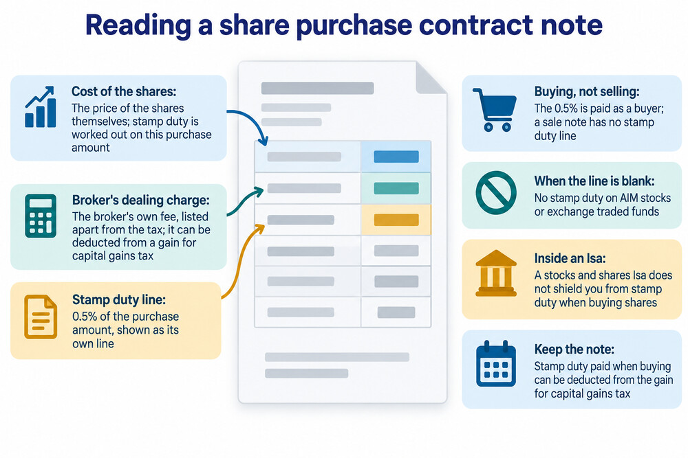 A share contract note from an online broker showing the stamp duty line item added to the cost of a share purchase