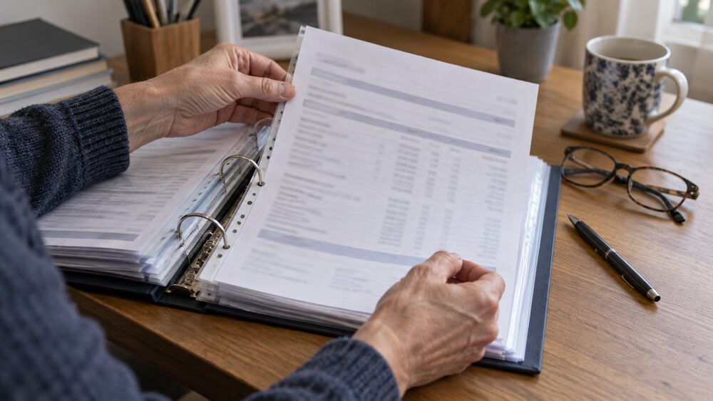 Hands file a printed tax summary into a ring binder of earlier statements.