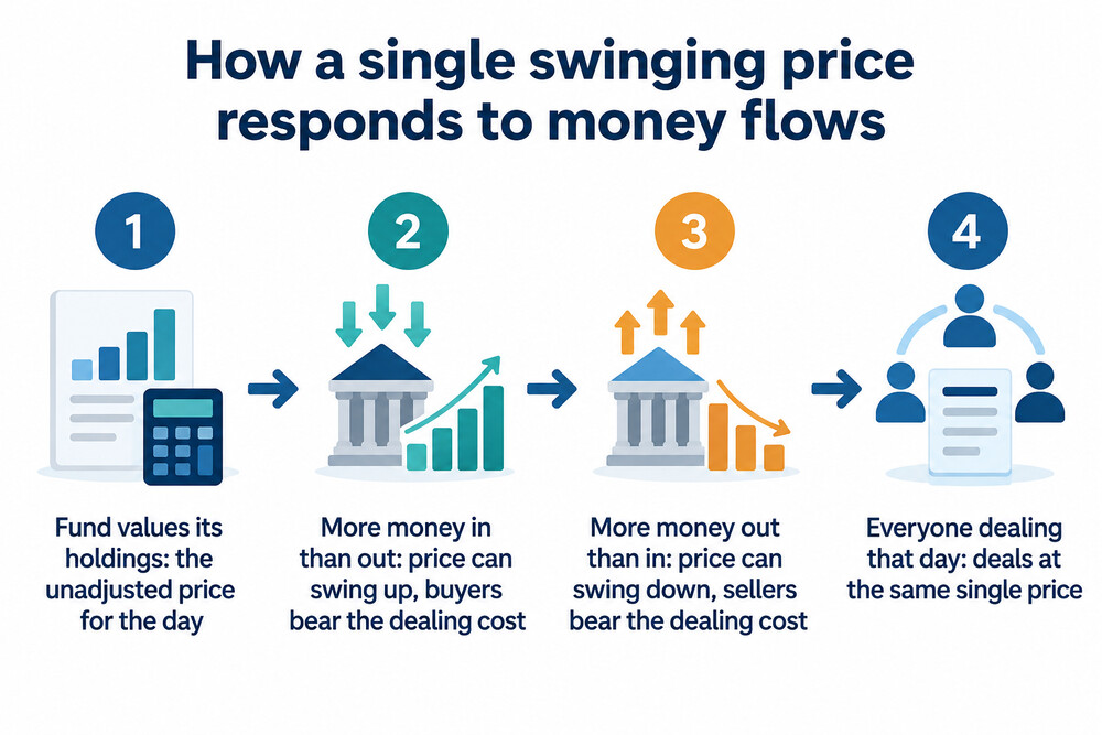 A fund price line with a swing up on a day of net buying and a swing down on a day of net selling