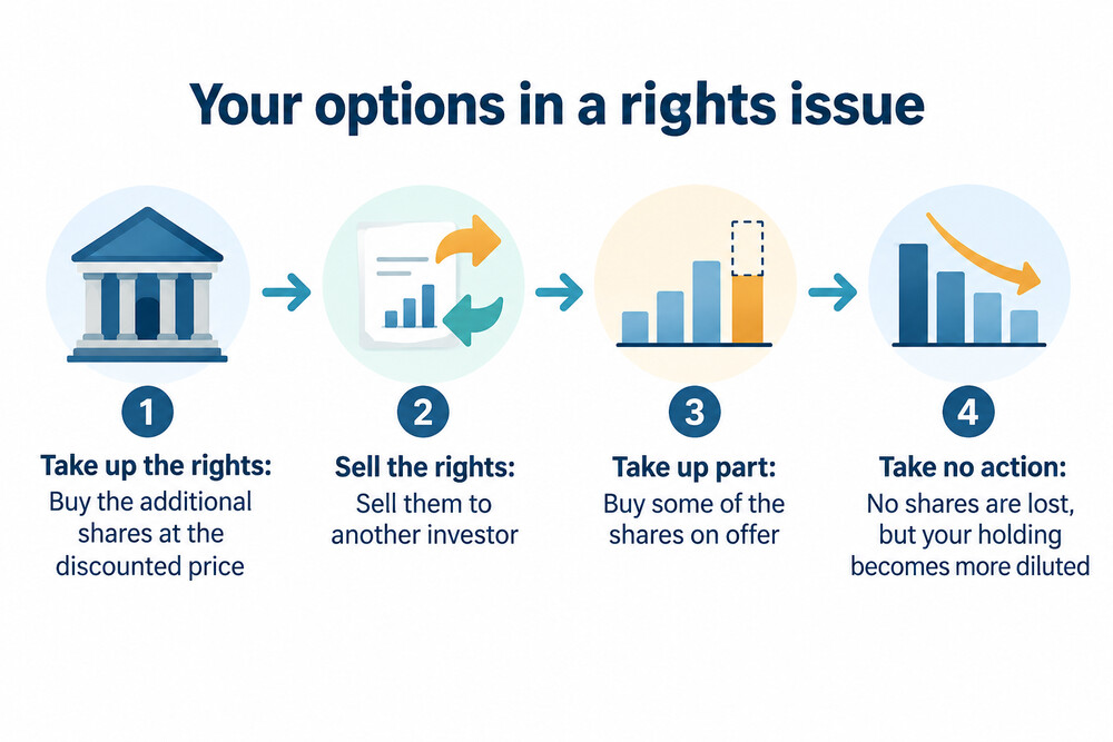 A diagram showing the four options a shareholder has in a rights issue