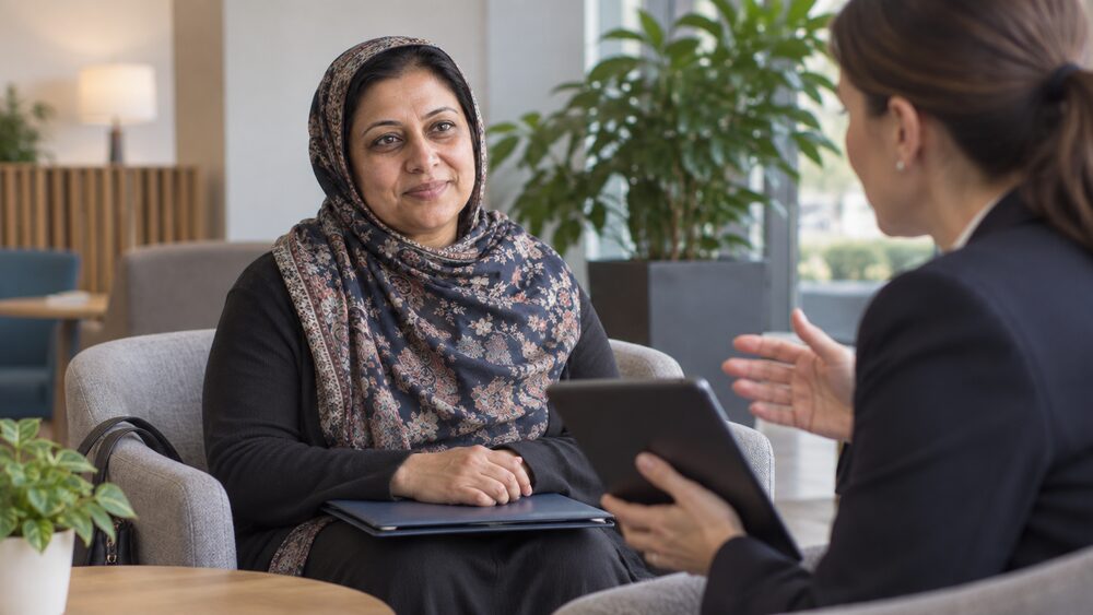 A woman sits in a customer lounge listening to a representative holding a tablet.