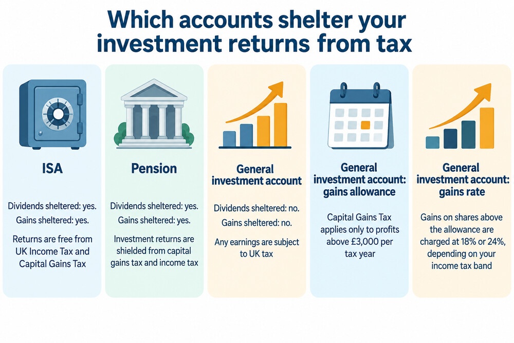 A simple diagram showing investments held inside an ISA or pension wrapper, with returns flowing back tax-free, compared with the same investments in a general account where gains and dividends are taxed